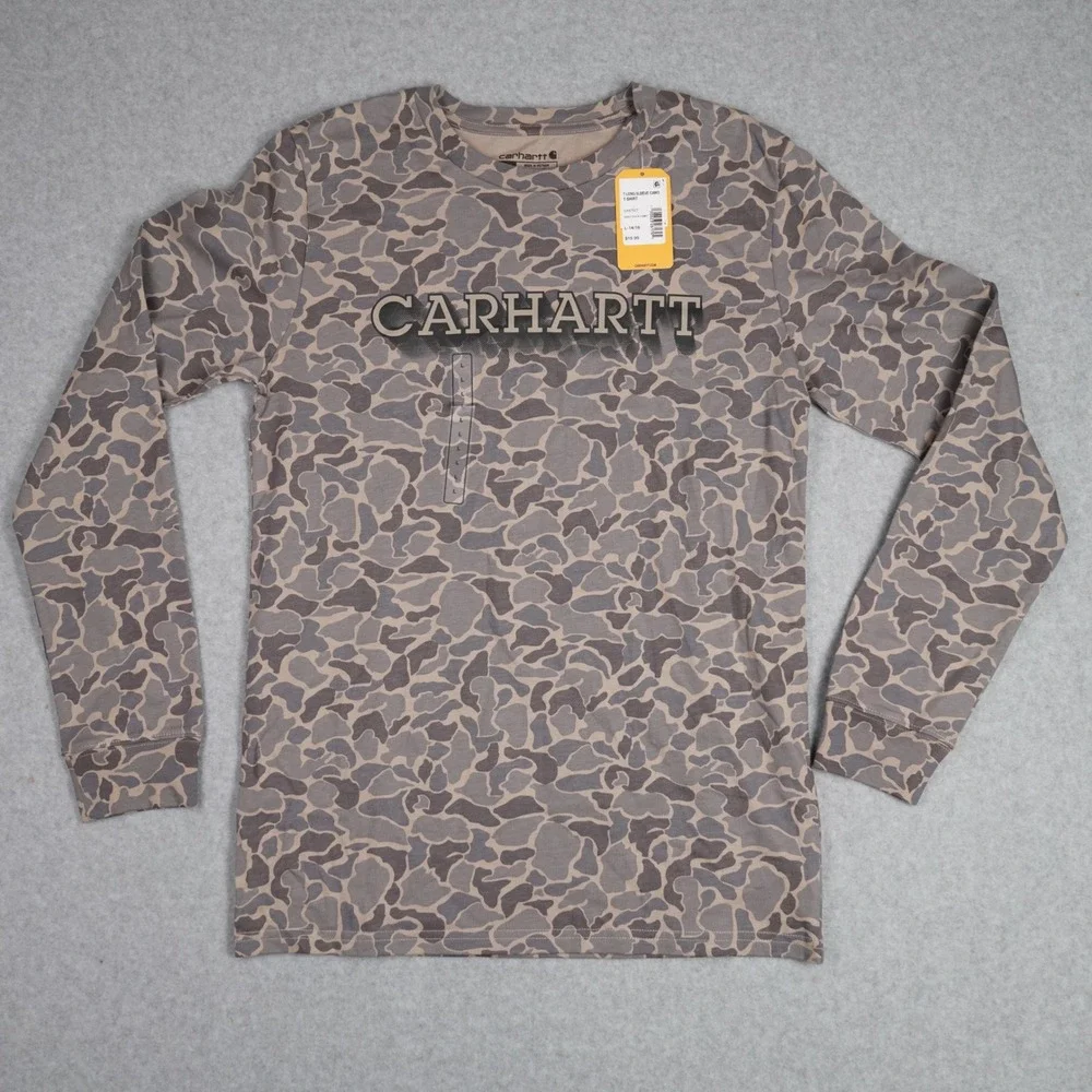 Carhartt T-Shirt Kids L 14/16 Grey Duck Camo Long-Sleeve Graphic CA6752T Logo